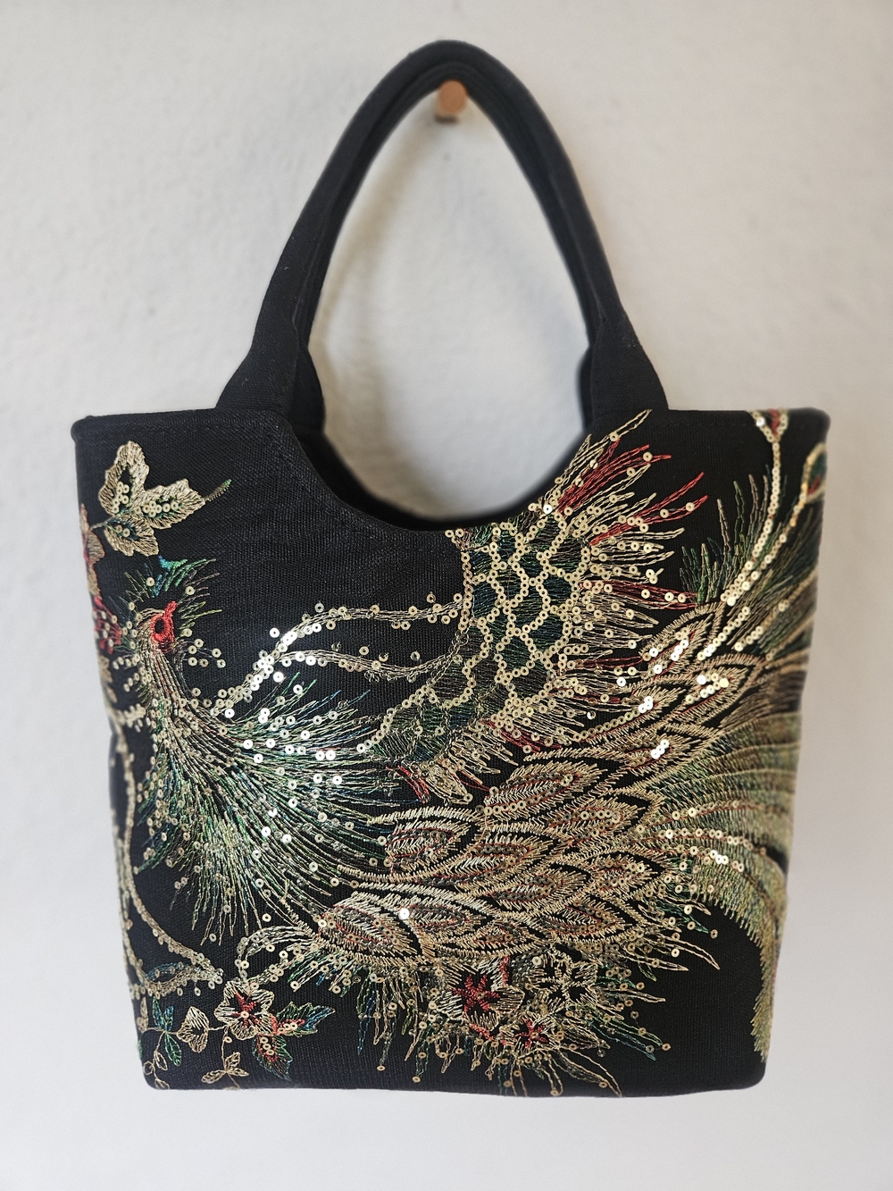 Vintage Style Peacock Embroidered Canvas Tote Bag Sequin Boho Shoulder Handbag